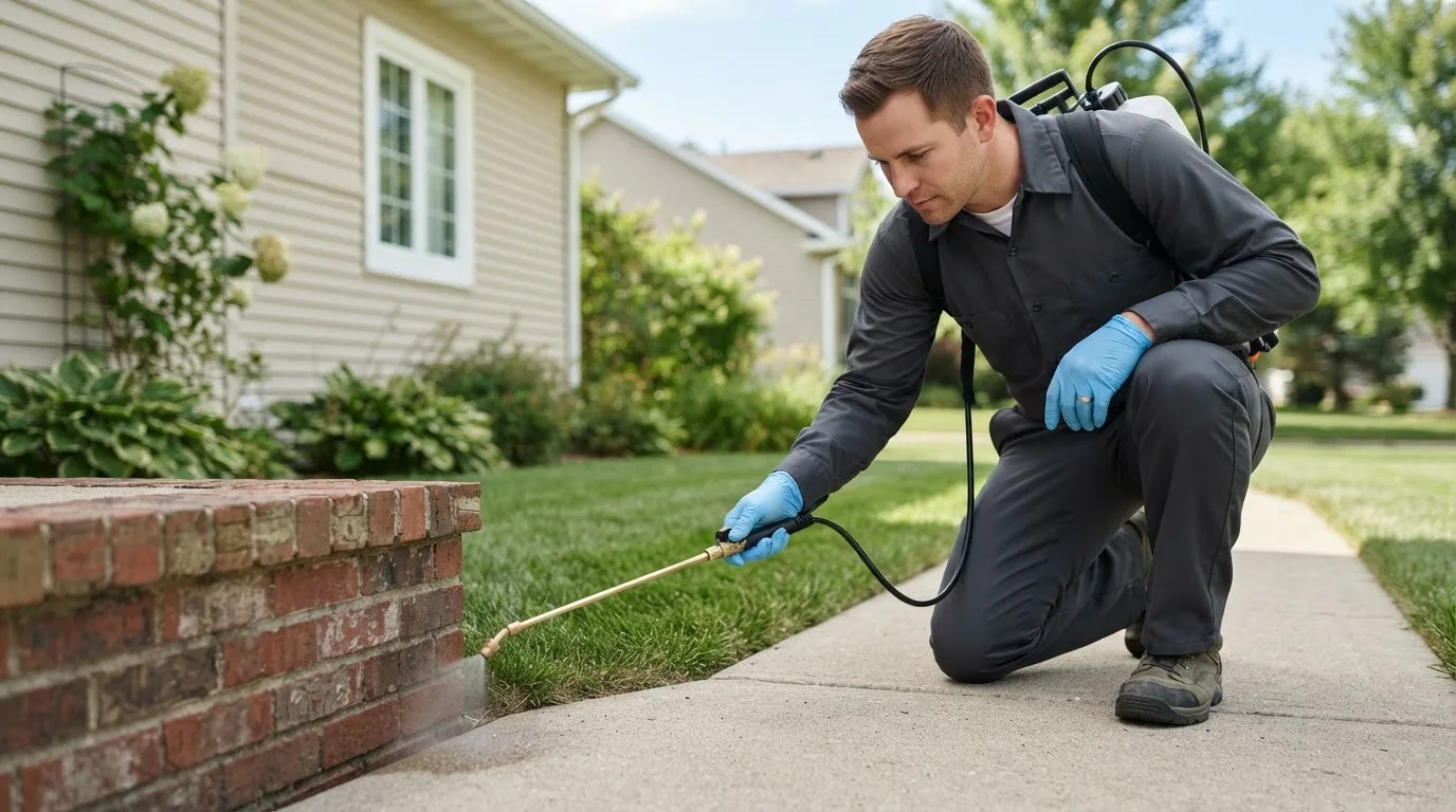 Pest control technician treating a home near Fullerton, ND