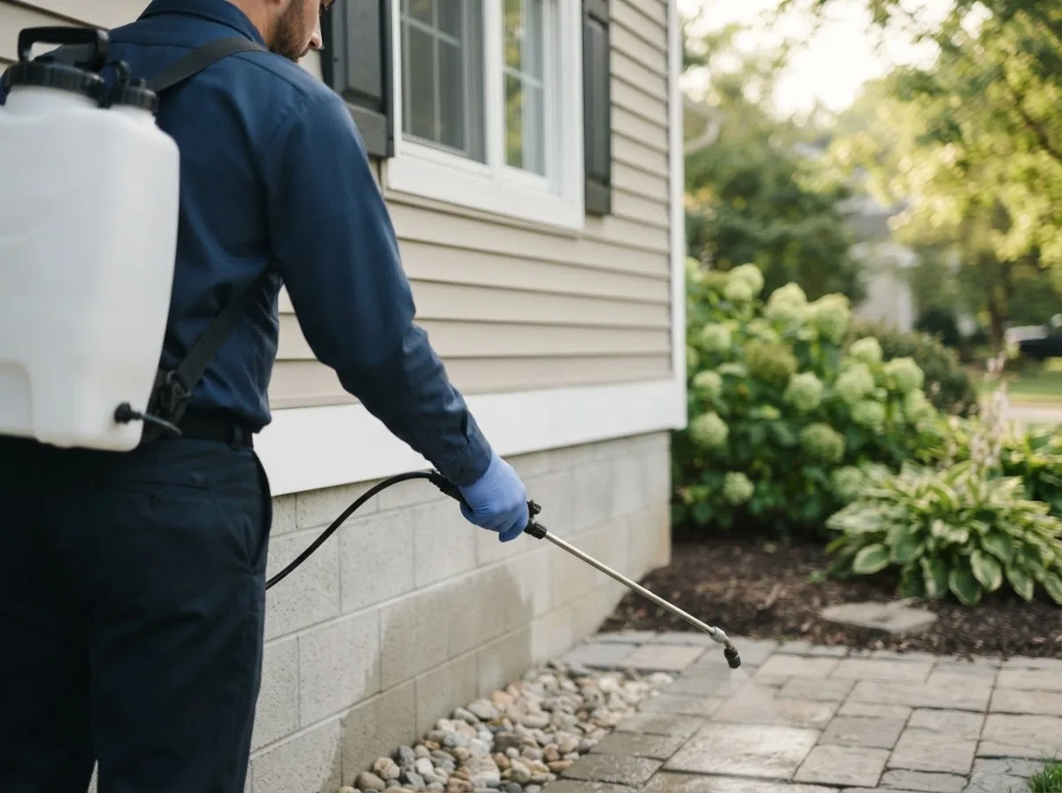 Pest control technician inspecting a home in Fullerton, ND